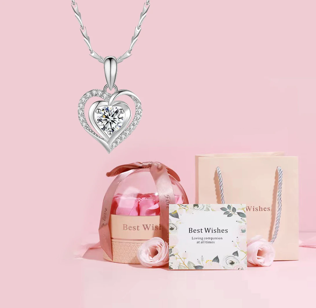 Heart Pendant Necklaces With Luxury Rose Flower Gift Box For Girlfriend 2024 New Birthday Party Gifts Romantic Jewelry