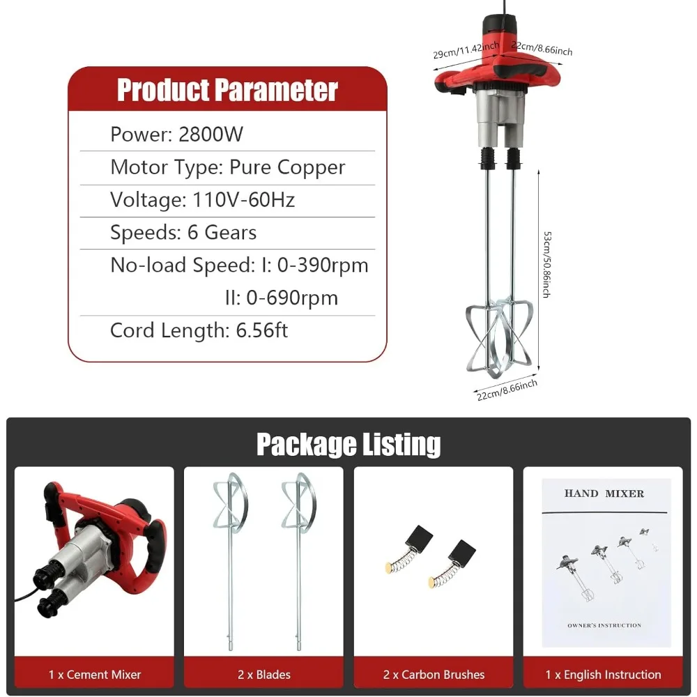 Double-Paddle Electric Cement Mixer with 6 Adjustable Speed, Handheld Electric Concrete Mixer, Portable Mud Mixer, Double