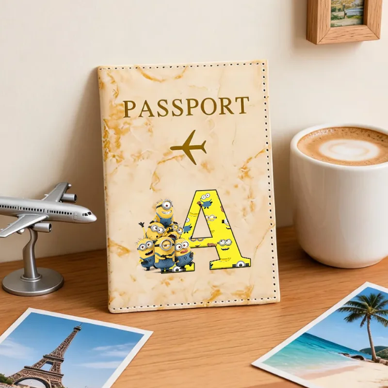 Minionses Passport Covers Men Women Ultra-thin Document Holder Anime Letter A-Z Travel Waterproof Passport ID Card Covers Gift