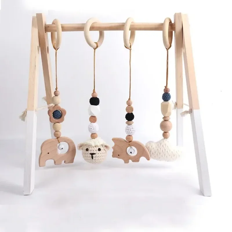 4Pcs/Set Baby Rattles Baby Play Gym Frame Wooden Beech Teether Trolley Stroller Hanging Pendants Toys Ring Nursing Rattle Toys