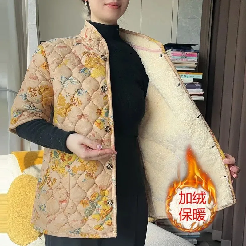 Women Mom Half Sleeve Floral Quilted Jacket Fleece Lined Warm Sleeveless Plus Size Winter Coat