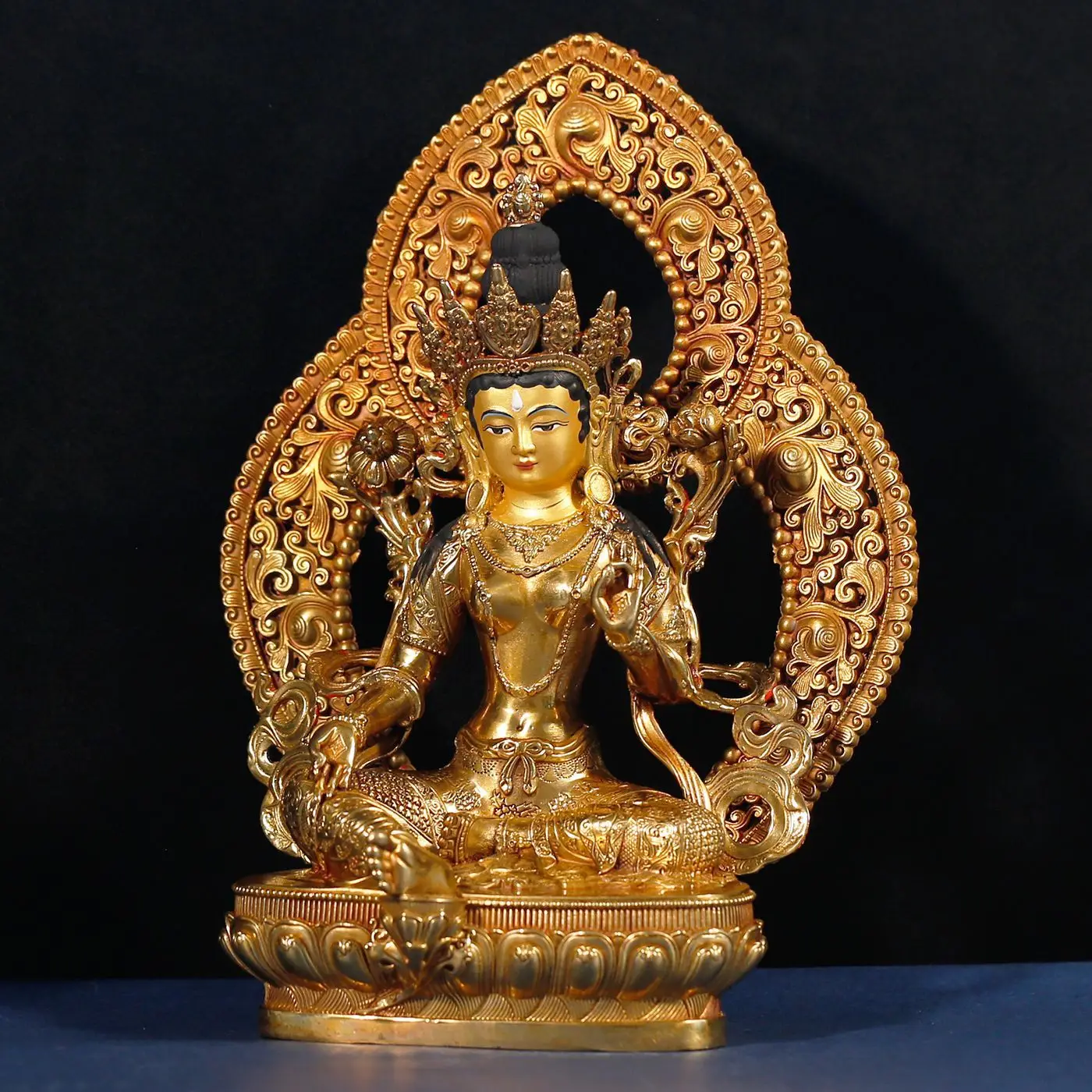 Green Tara Bodhisattva: Tibetan Gilded Statue with Backlighting—Home Decor Piece, Tantric Buddhist Statue, Tibetan Buddhism