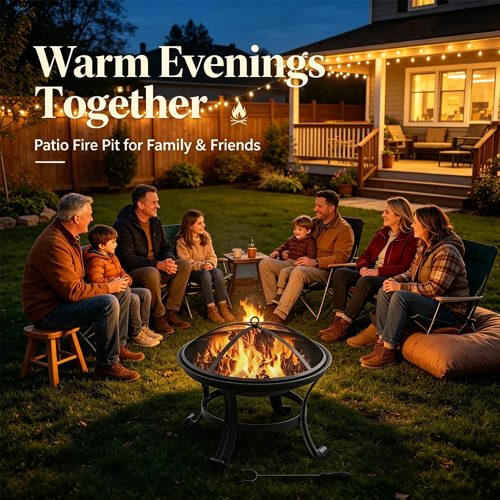 Outdoor Fire Pit Round Fire Bowl with Spark Screen & Fire Poker, 2‑in‑1 Patio Backyard Wood Burning Firepit Outdoor Heater,