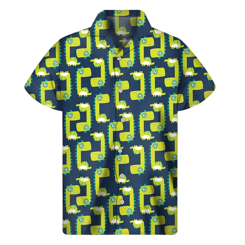 Cartoon Dinosaurier Muster Hawaii Hemden für Männer Sommer 3D-Druck Tier Revers Shirt Straße lose Knopf kurze Ärmel Bluse