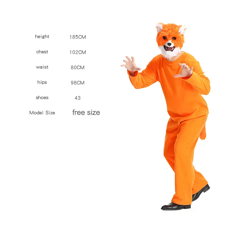 Fox Halloween Costume para homens e mulheres adultos, Cosplay Party Clothes, Conjunto inteiro de máscara, Roupa engraçada, Traje animal, Show de palco, Festival