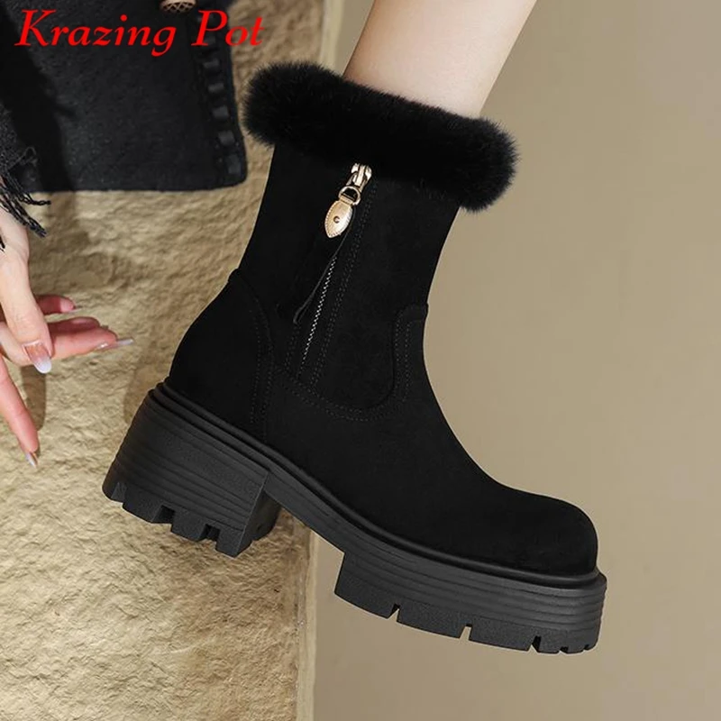 

Krazing Pot Round Toe Flock Rabbit Natural Fur Winter Keep Warm Casual Snow Boots Platform Thick Bottom Zipper Ins Ankle Boots