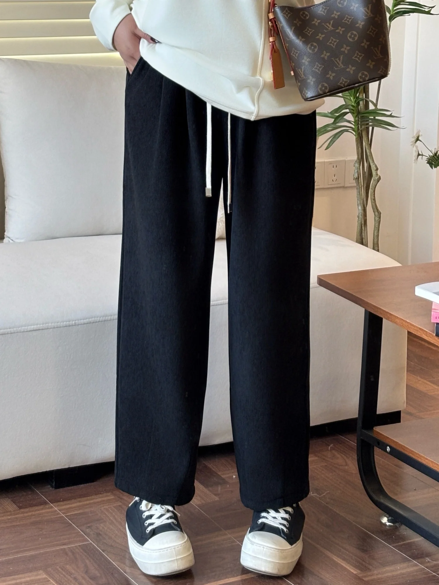 

Брюки с высокой талией на флисовой подкладке для женщин больших размеров: универсальные, для повседневной носки, осенне-зимние, модные, из полиэфирного волокна