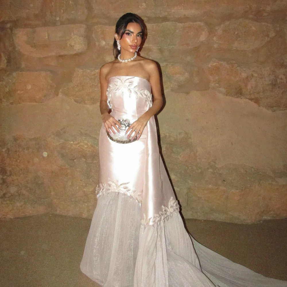 

Customized Modern Style Fashion Charmeuse Beading Pleat Mermaid Strapless Straight Bespoke Occasion Dresses Matching Classic