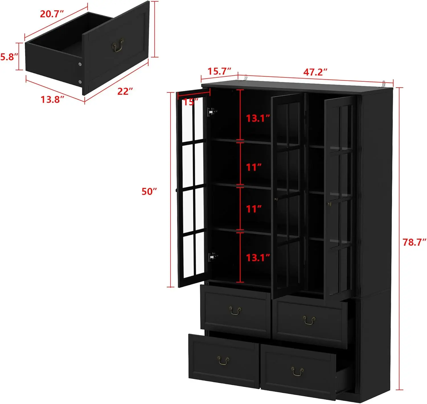 Tall Bookcase with Glass Doors,47.2