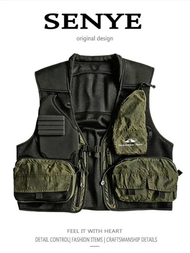 Outdoor Stream Fishing Vest, Breathable Mesh Multi‑Pocket Waistcoat, Portable Large‑Capacity Sleeveless Jacket for Camping Trave