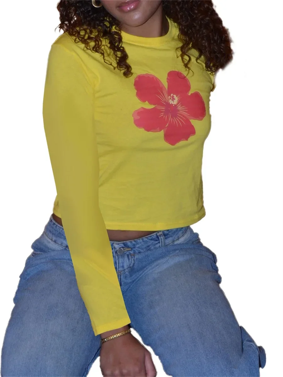 여성용 긴팔 티셔츠, 크루넥 플라워 프린트, 슬림핏 상의, 스트리트웨어, 여성용 튜브 탑, 패션