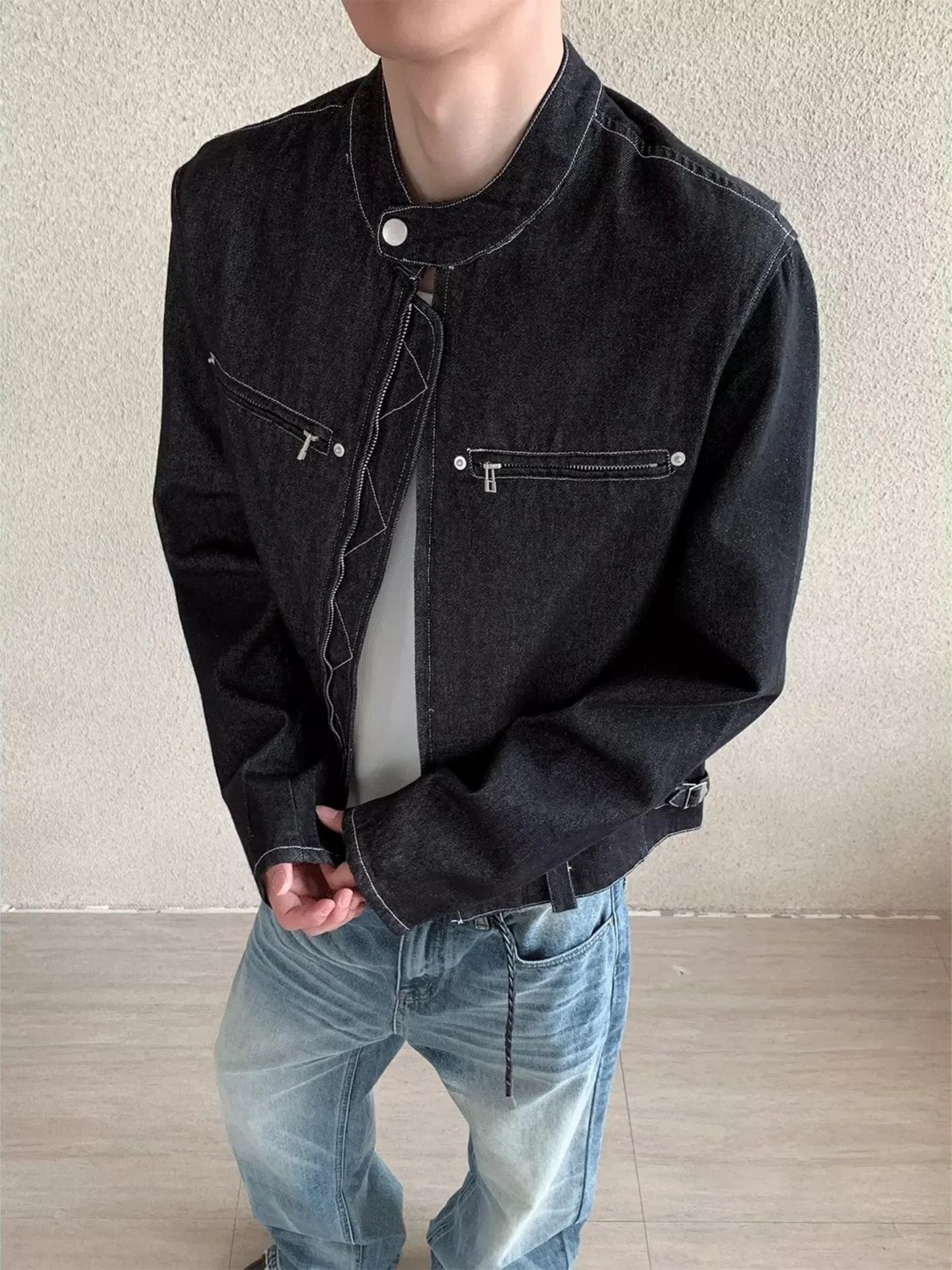 American Style Short Shoulder Denim Jacket for Men Spring Autumn New High Sense Cool Stand Collar Zipper Motorcycle Workwear ...