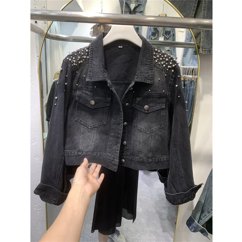 Vintage Beading Denim Jacket Women High-End Short Jean Coat Autumn New Long Sleeve Black Tops Female Loose Cowboy Outerwear T365