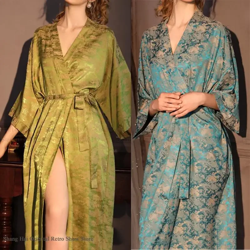 Luxury Jacquard Long Robe Nightgown Women Half Sleeve Kimono Bathrobe Gown Satin Ice Silk Sleepwear Sexy Home Dress Lounge Wear