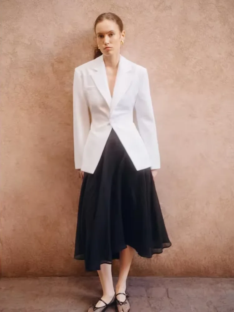 

White Shoulder Pad Blazer Lapel Suit Women's Fashion Long Sleeve One Button Cinch Waist Coat 2025 Commute Office Ladies Outwears