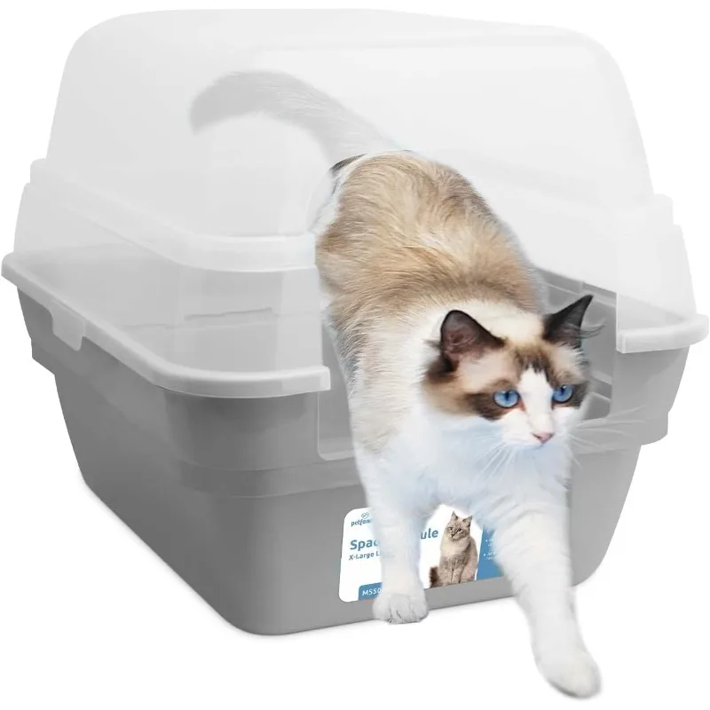 

Cat Litter Box, Large Foldable Jumbo Hooded with Transparent Lid,Grey