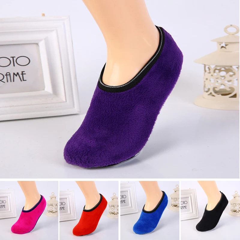 Autumn Winter Breathable Non-slip Floor Socks Women Fleece Socks Home Girls Cotton Candy Color Warm Footprint Ankle Indoor Sock