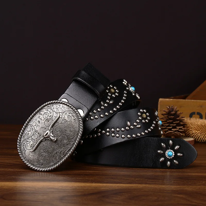 Personalized retro artistic women's belt trend neutral men's rivet punk cowhide belt mens belt punk belts