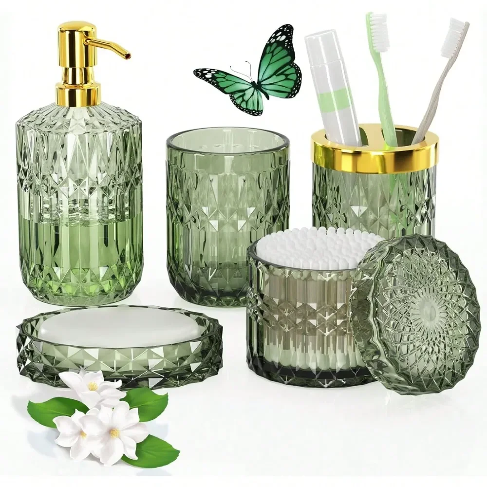 

Набор аксессуаров для ванной Green DiamondCut из стекла, включает дозатор для мыла, мыльницу, подставку для зубных щеток, стакан и держатель для ватных палочек.