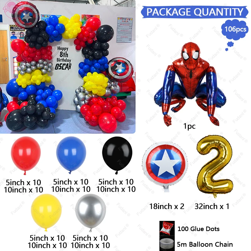 106 szt. Balony Disney Spiderman girlanda Arch Kit czerwone niebieskie lateksowe balony w wieku 1-9 lat urodziny dla dzieci ozdoby z motywem Air