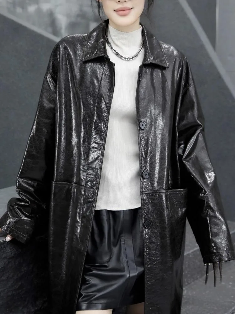 سترة Streetwear بجيب واحد الصدر بلون سادة من الجلد الطبيعي مع طية صدر السترة وأكمام طويلة معطف فضفاض من جلد البقر للسيدات #6