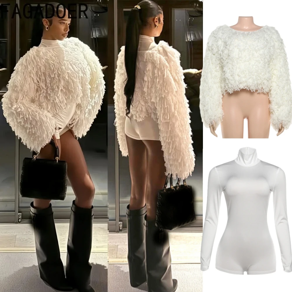 

FAGADOER Fashion Tassel Patchwork 2 pieces set for woman outfits Solid Color Long Sleeves Crop Top and rompers Female Streetwear