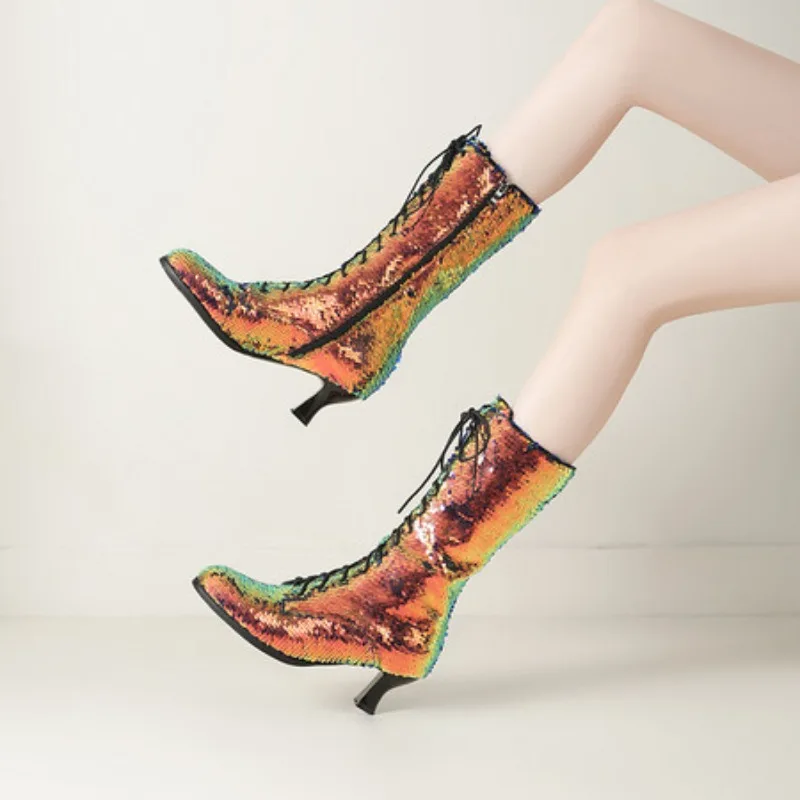 

Autumn Winter New Style Fashion High-heeled Women's Boots Nightclub Sequin Party Sexy Cross Tie Straps Thin Heels Women's Boots