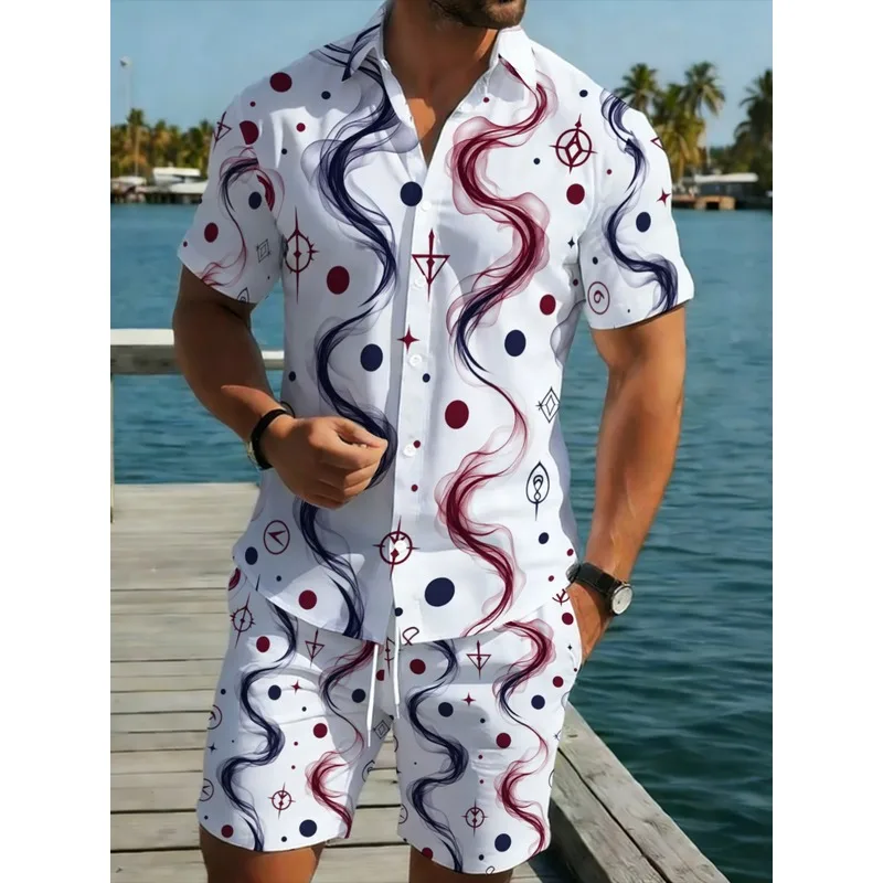 Conjunto de camisa y pantalones cortos de manga corta para hombre, material de poliéster ligero, fondo blanco con diseño de ondas rojas y azules, muy elegante