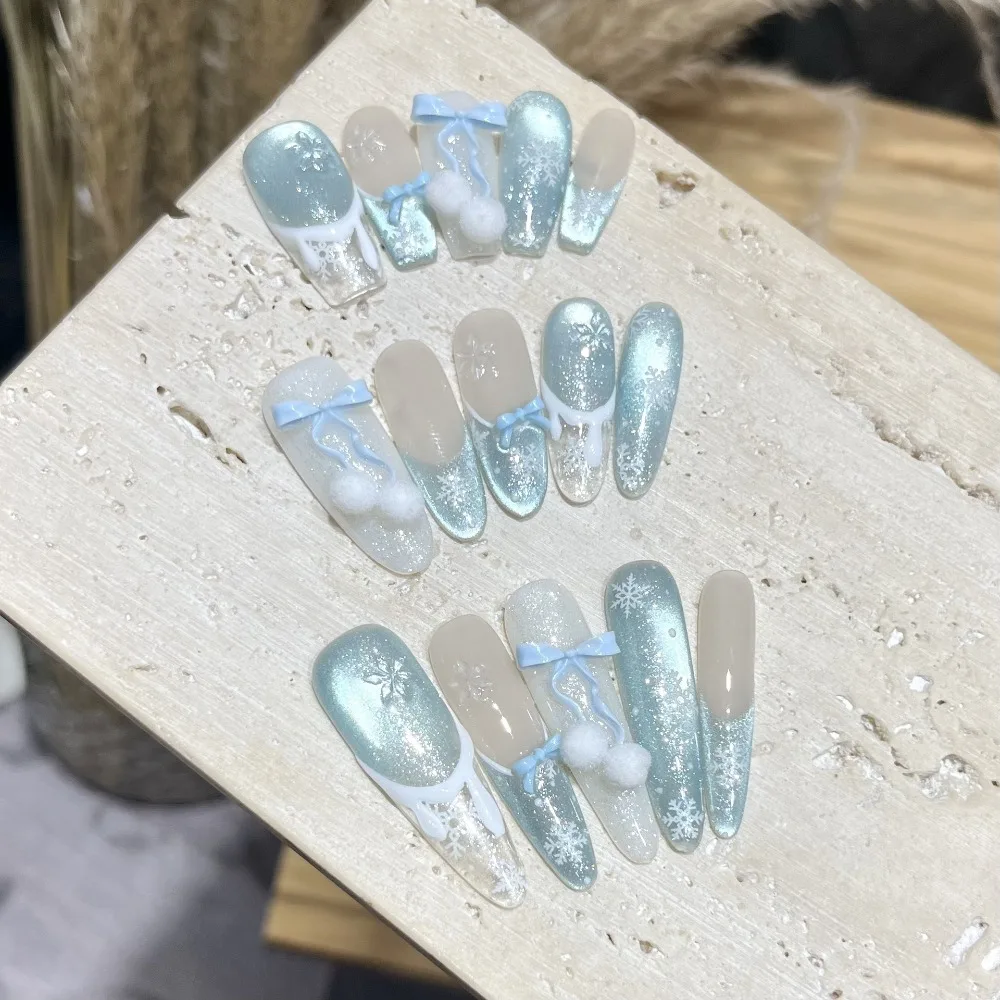 

10 шт., зимние кристаллы с любовным письмом, кошачий глаз, снежинки, ручная работа, пресс на ногтях, бант, комок волос, накладные ногти, съемные, многоразовые