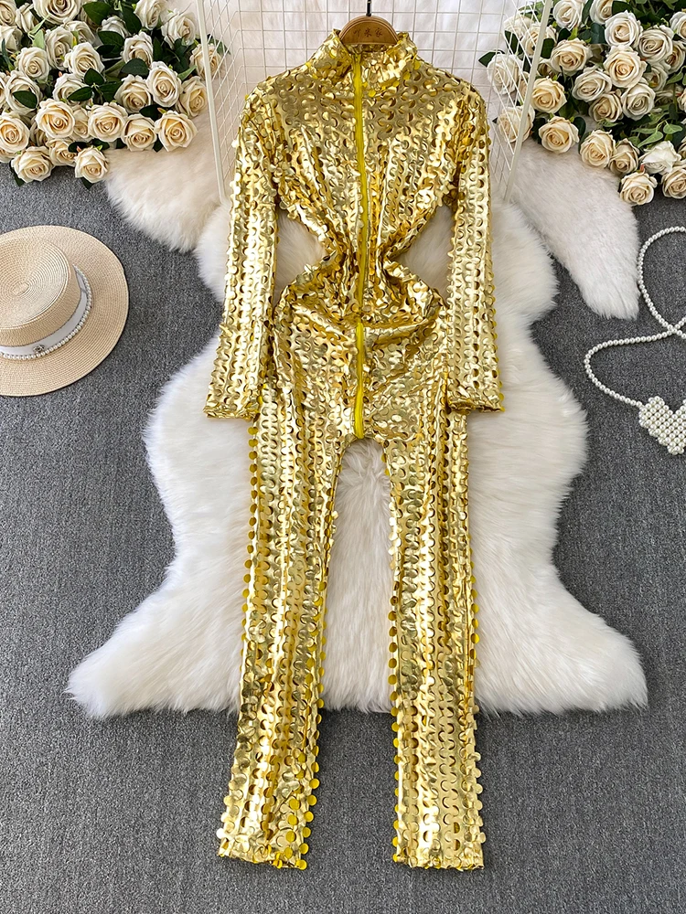 Women Playsuits Hollowed Golden Jumpsuit Zipper Sexy Limited Edition Golden Battle Robe of The Qin Dynasty China Rompers PT003