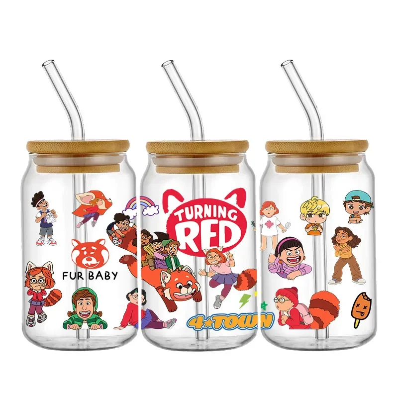 Disney Turning Red Cartoon UV DTF Cup Wrap 16oz Sticker Libbey Glass Bottle Can Transfer Sticker Waterproof Self-adhesive Labels