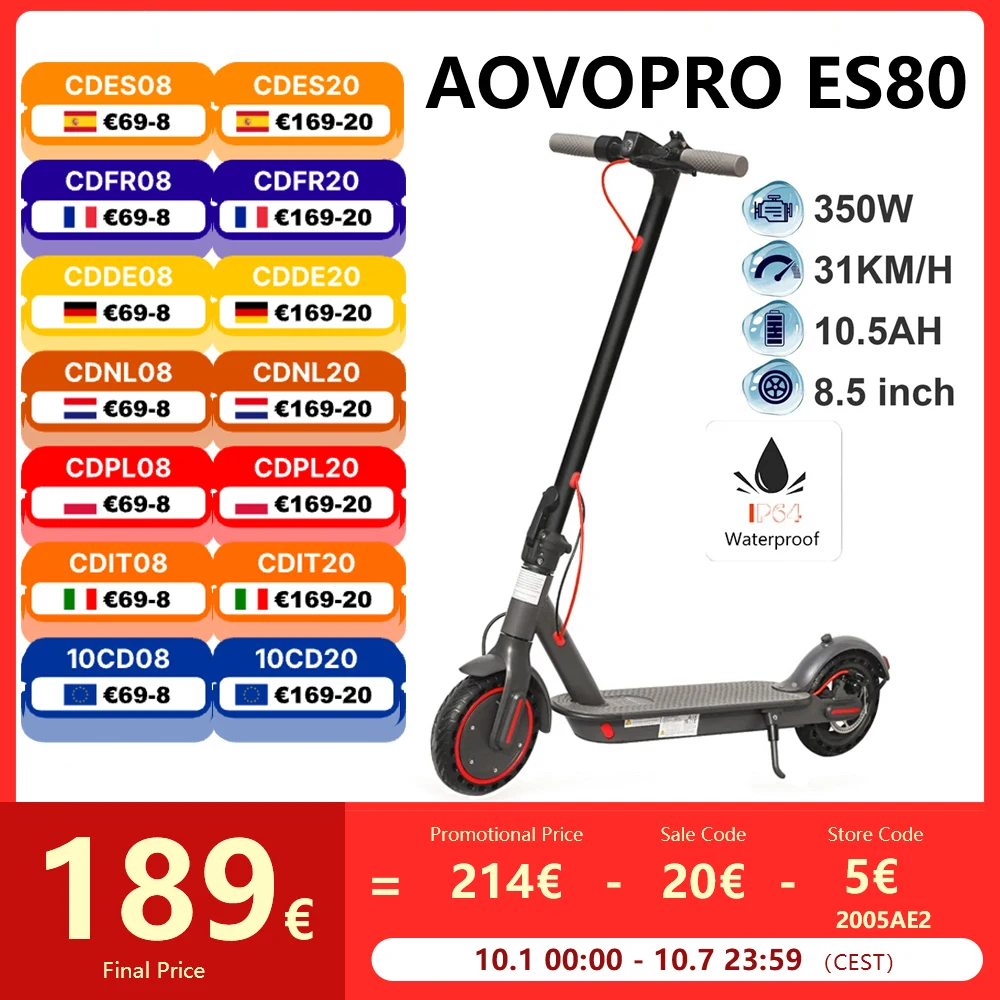 AOVOPRO ES80 Electric Scooter 350W Motor 10.5AH Battery 31KM/H Speed 8.5Inch APP Smart Folding M365 Pro Electric Kick Scooter