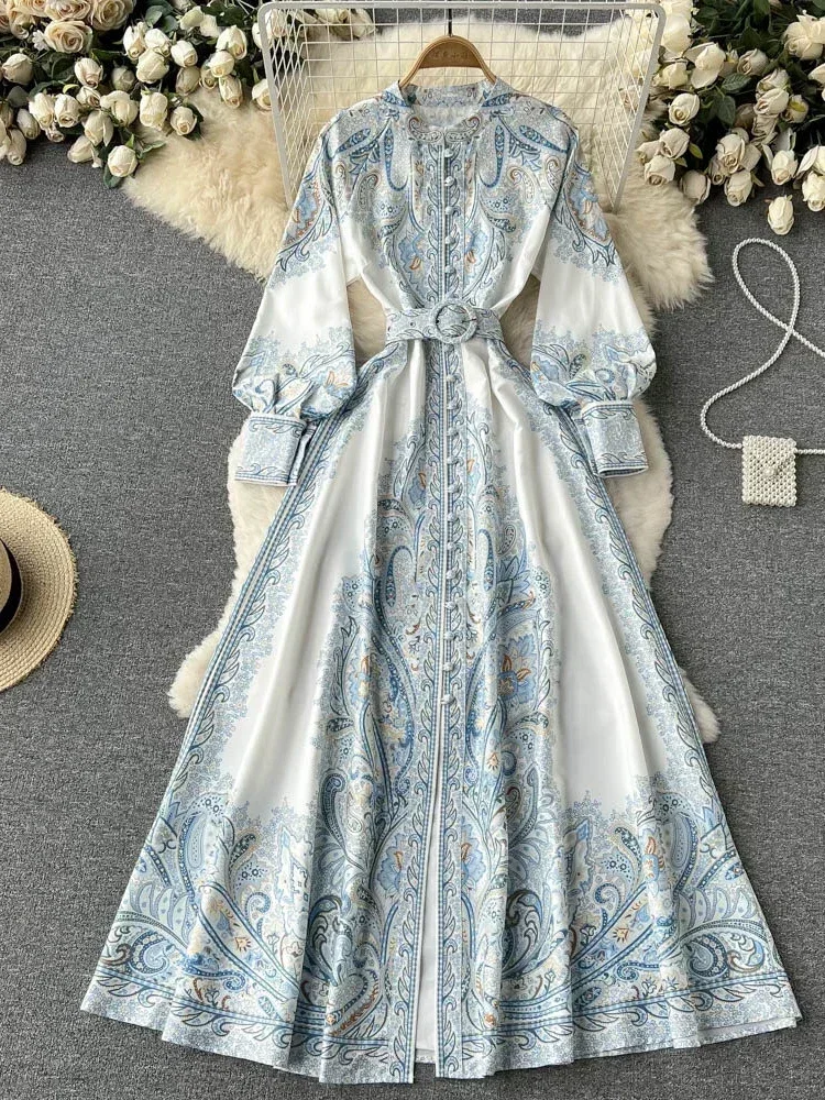 

New Women Vintage Party Dress Fashion Long Sleeve Single Breasted Stand Collar Elegant Printed Long Dresses Spring Autumn Robe