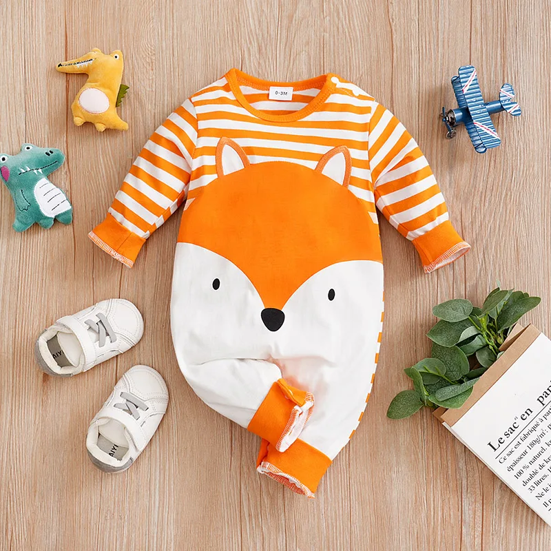 Spring And Autumn Boys And Girls Cute Cartoon Fox Printed Cotton Comfortable Long Sleeve Baby Bodysuit