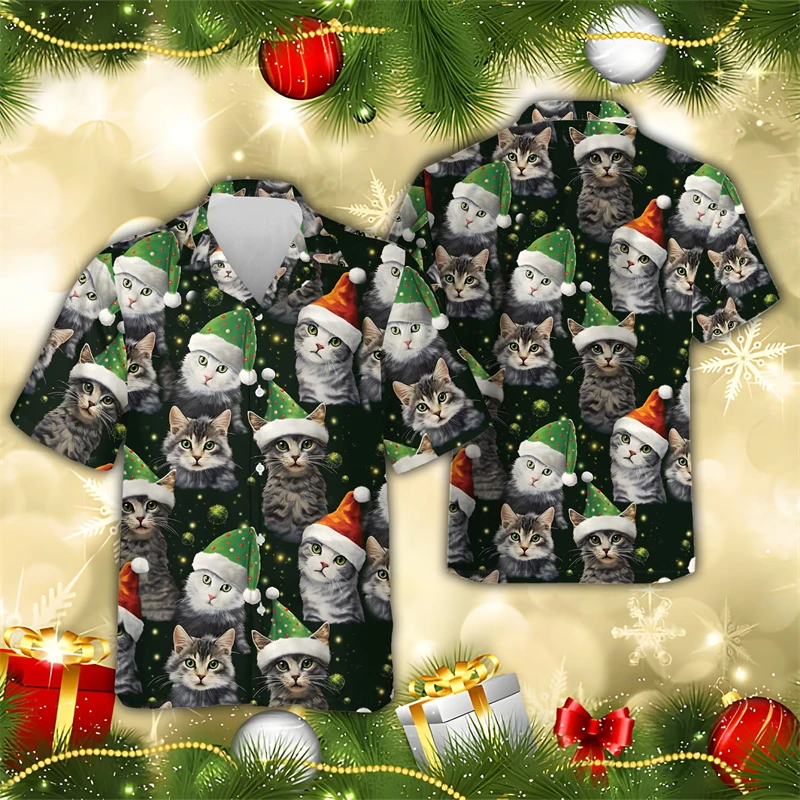 Kawaii Cat Xmas Hawaiian Shirts For Men Clothes Happy Christmas Beach Shirt Cute Pet Unisex Lapel Blouse Women Short Sleeve Tops