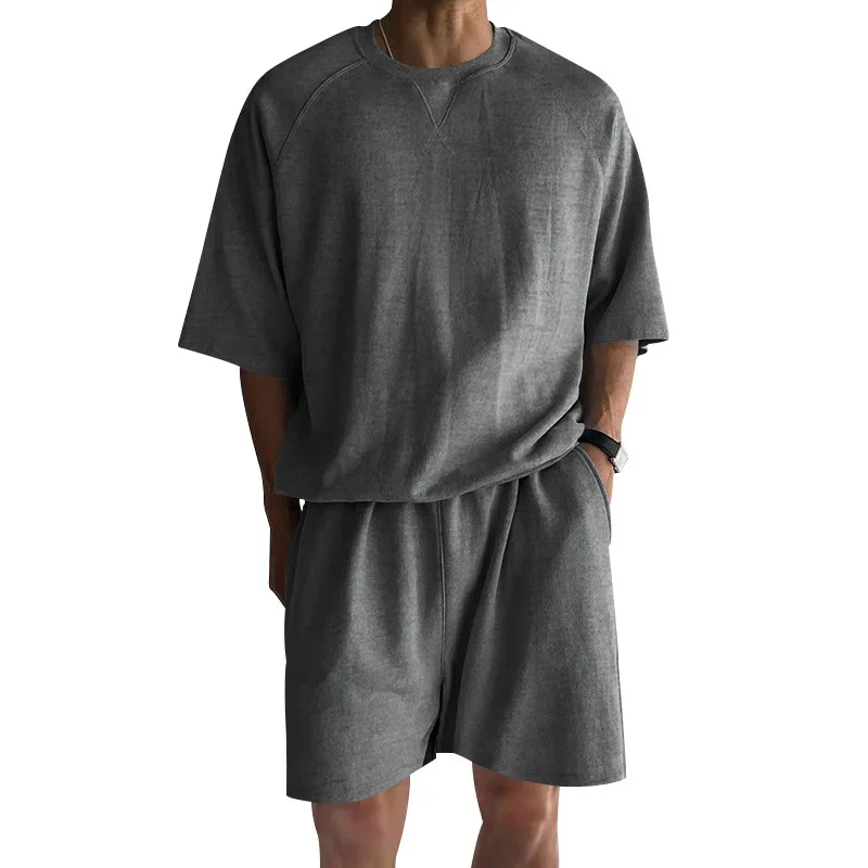 Summer New Shorts Short Sleeved Men's Set Casual Round Neck Sports Outdoor Daily Solid Color Two-piece Set