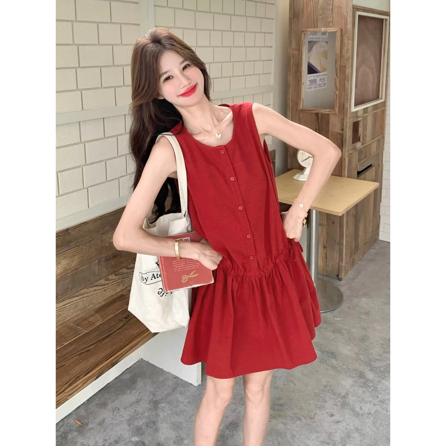 Retro Korean round Neck Red Drawstring Vest Dress Women's Summer New Design Loose Sleeveless Dress Comfortable Breathable