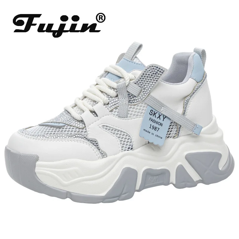 

Fujin 8 см воздушная сетка из микрофибры, дышащие туфли на плоской подошве, полые массивные кроссовки на платформе, женские сандалии высокого бренда на танкетке