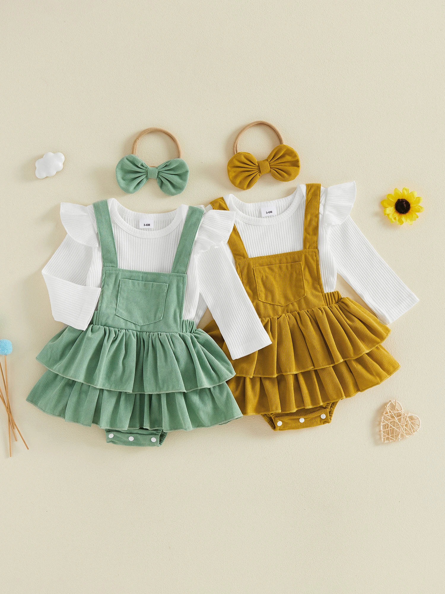 Outfit Sleeve Romper With Overall With Overall Dress- -Headband Long Sleeve Romper Long Long Sleeve Durable