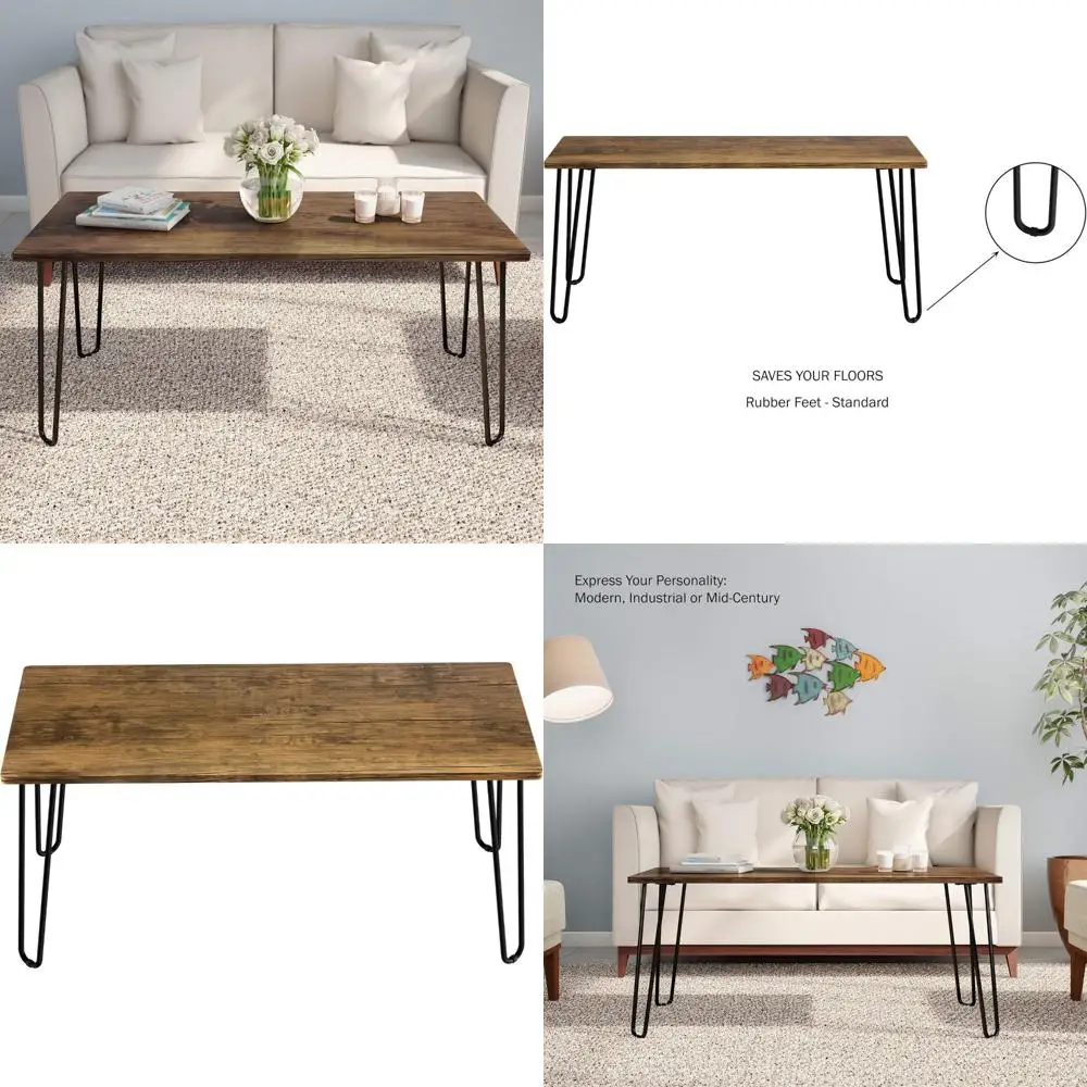 

Modern Industrial Coffee Table with Hairpin Legs - Woodgrain and Steel Accent for Living Room Decor