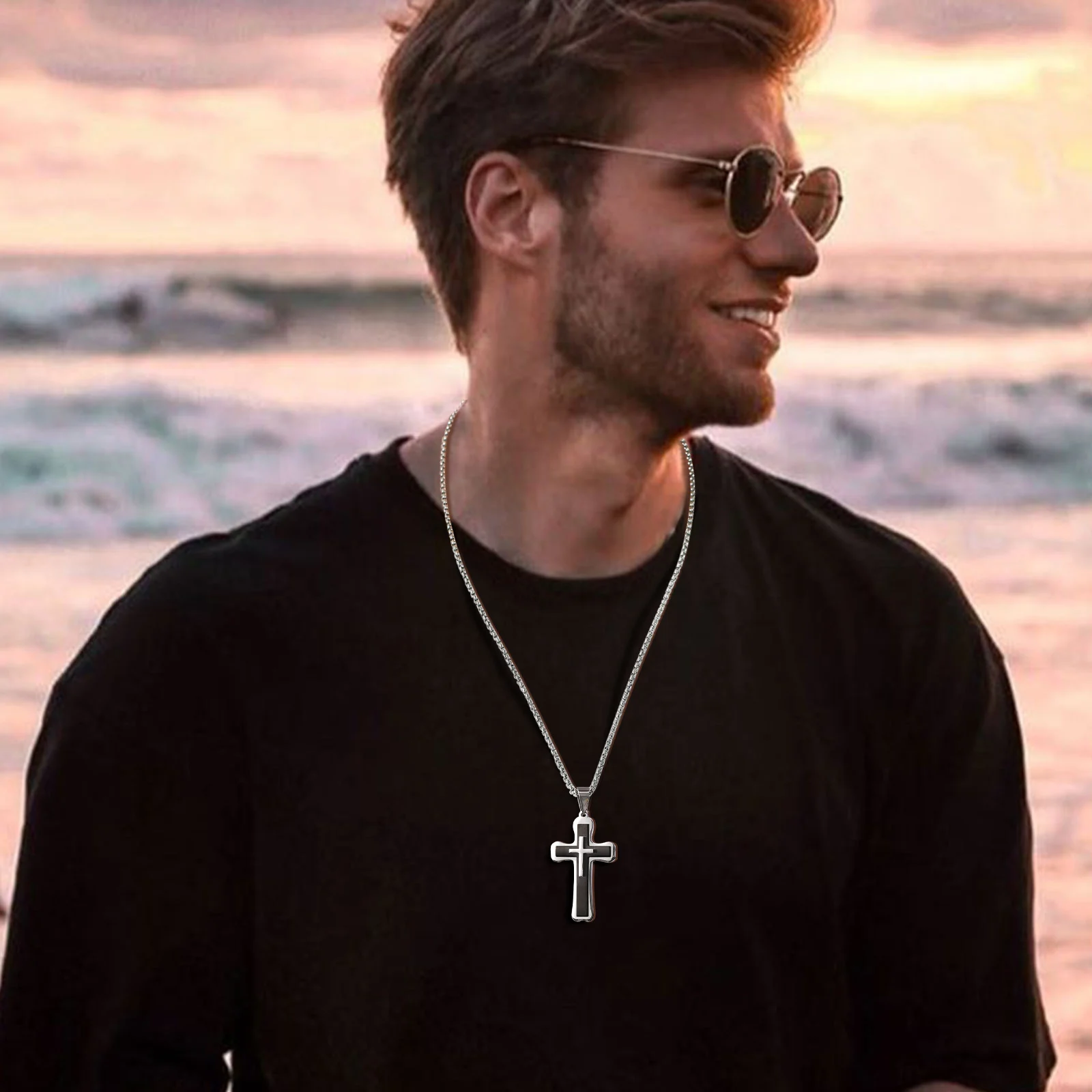 Vnox Chunky Heavy Mens Cross Necklaces, 3 Layers Cross Pendant with Box Chain, Christian Religious Faith Prayer Jewelry Gift