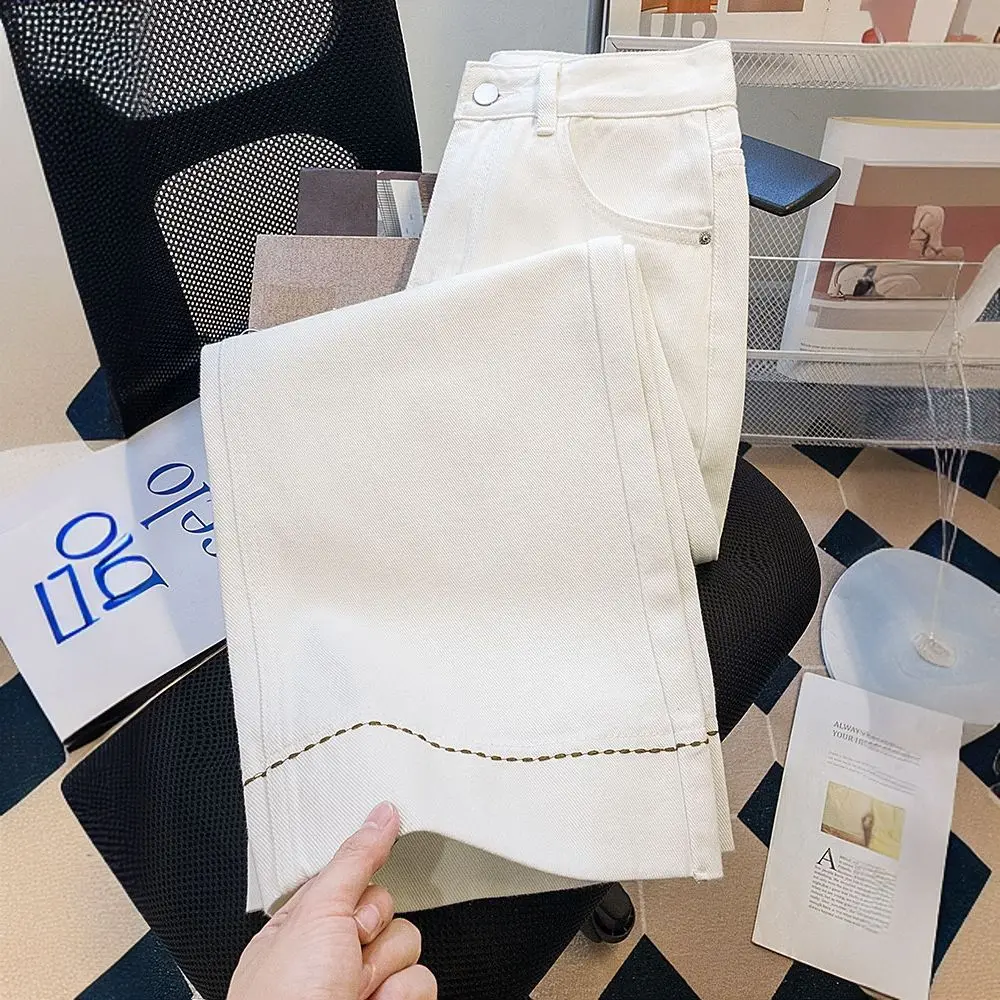 Women Denim Solid Jeans Casual Pant Button Zipper Fly Empire Waist Ankle Length Flare Pants Slight Strech Loose Y2k 2025 Spring