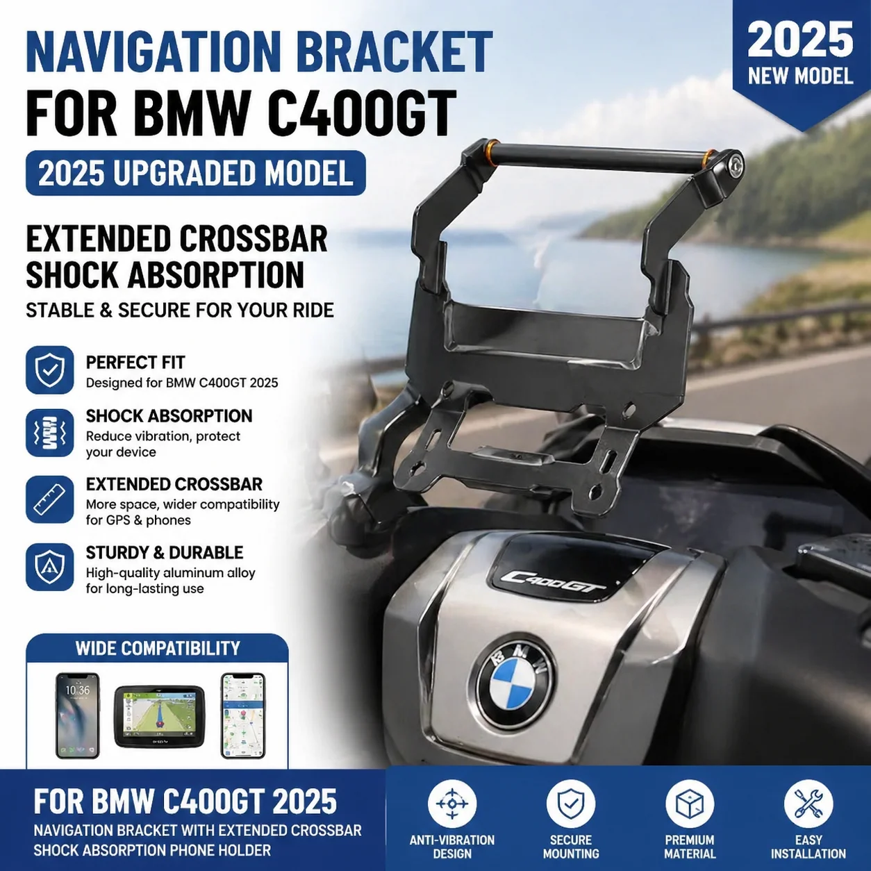 

Кронштейн для навигатора BMW C400GT 2025 года, удлиненная горизонтальная планка C400GT, антивибрационный и амортизирующий держатель для телефона
