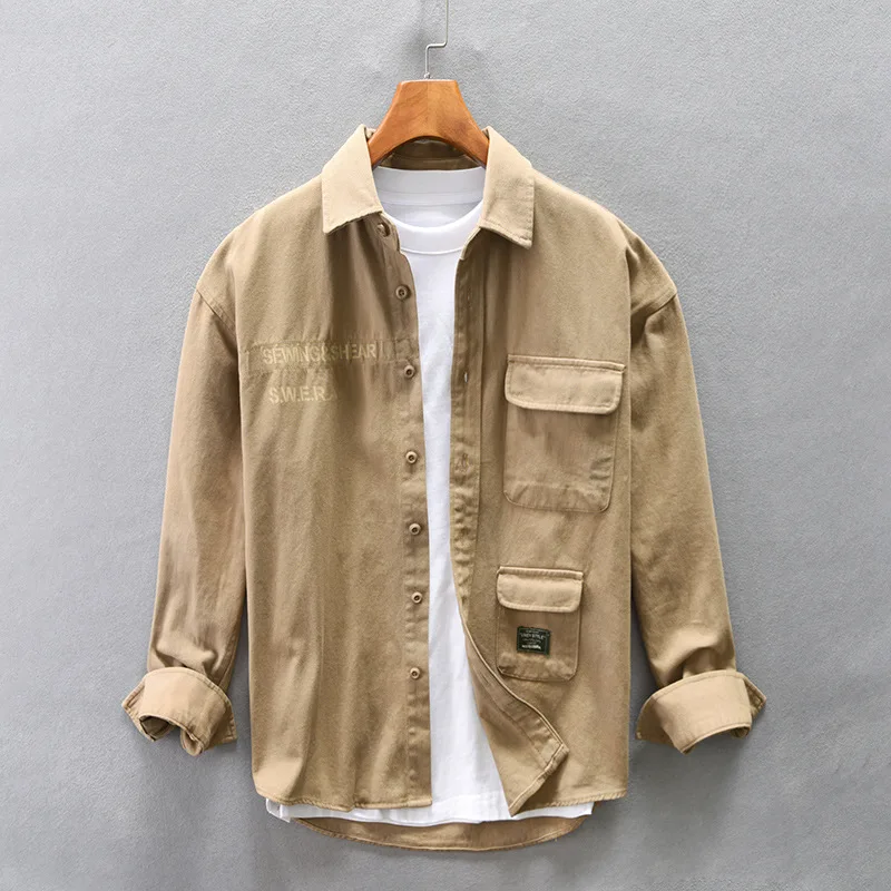 

Spring Autumn Mens Long Sleeve Shirt Japan Casual Cargo Shirt Loose Shirts Pure Cotton Khaki Shirt Youth Fashion Men Overshirt