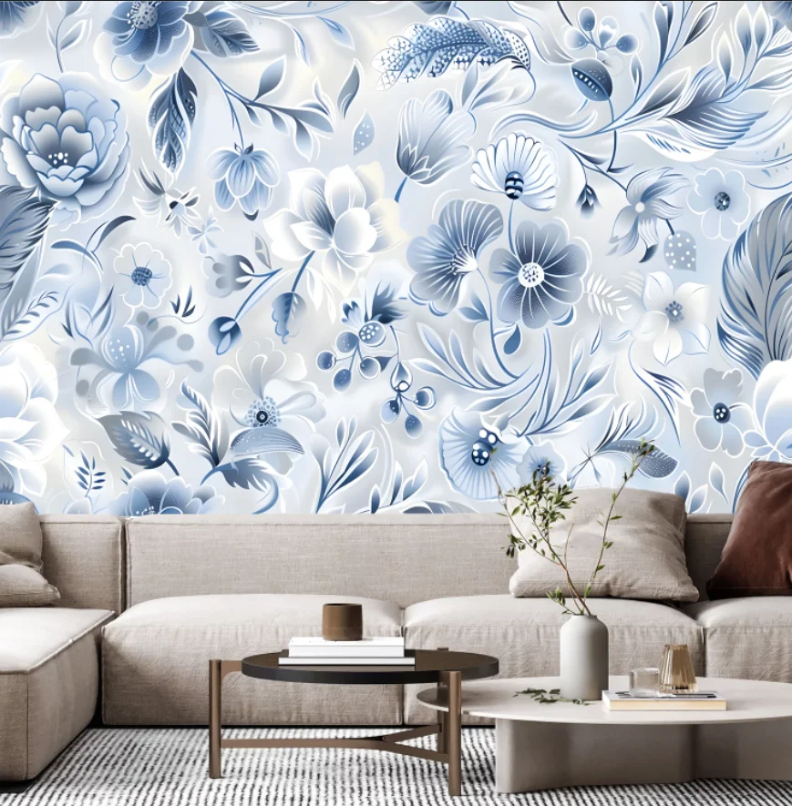 Customized mural hand-painted blue flower leaf wallpaper for home decoration, living room bedroom, bedside, background wallpaper
