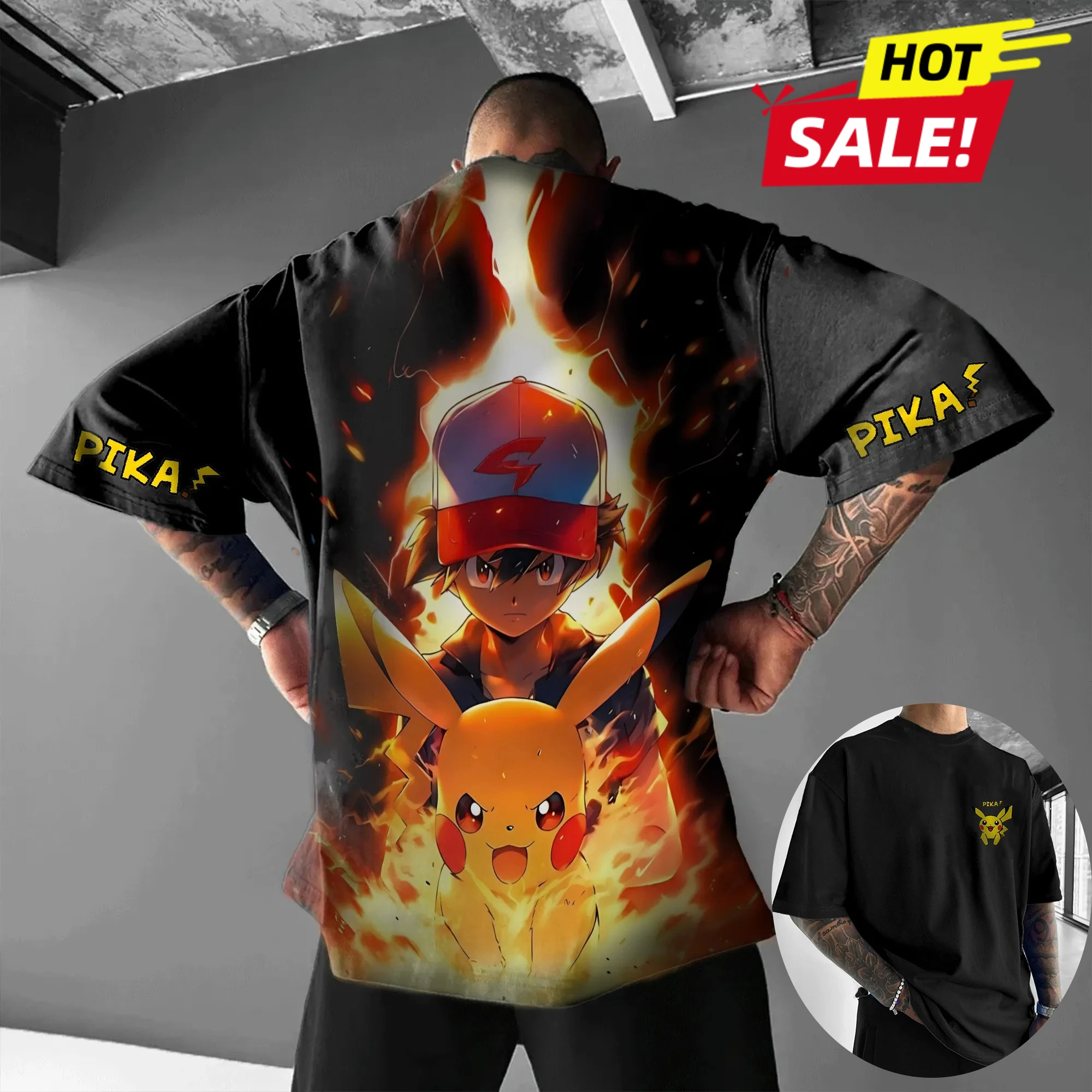 Pikachu primavera y otoño hombres y mujeres adultos niños fuera del hombro camiseta interior Pokemon animación Vintage camiseta