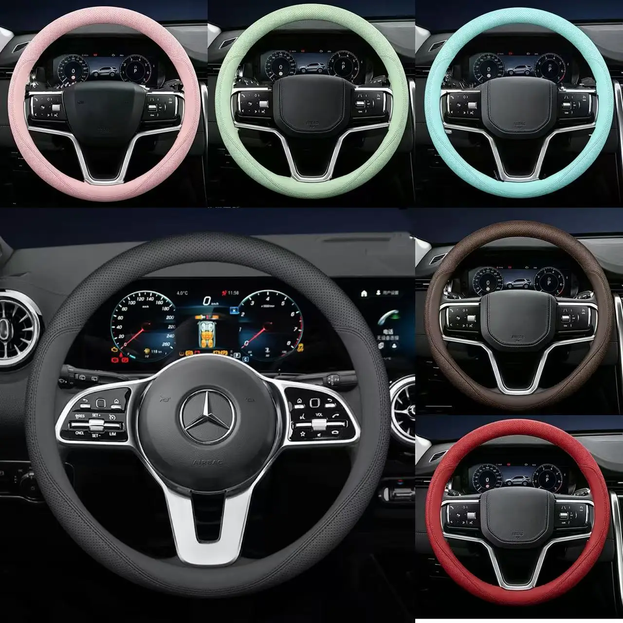 Napa Leather Car Steering Wheel Cover For Mercedes-Benz, ABCES-Class,GLC,GLE,GLS, ETC.Breathable Anti-Slip Men Women 14.5-15Inch