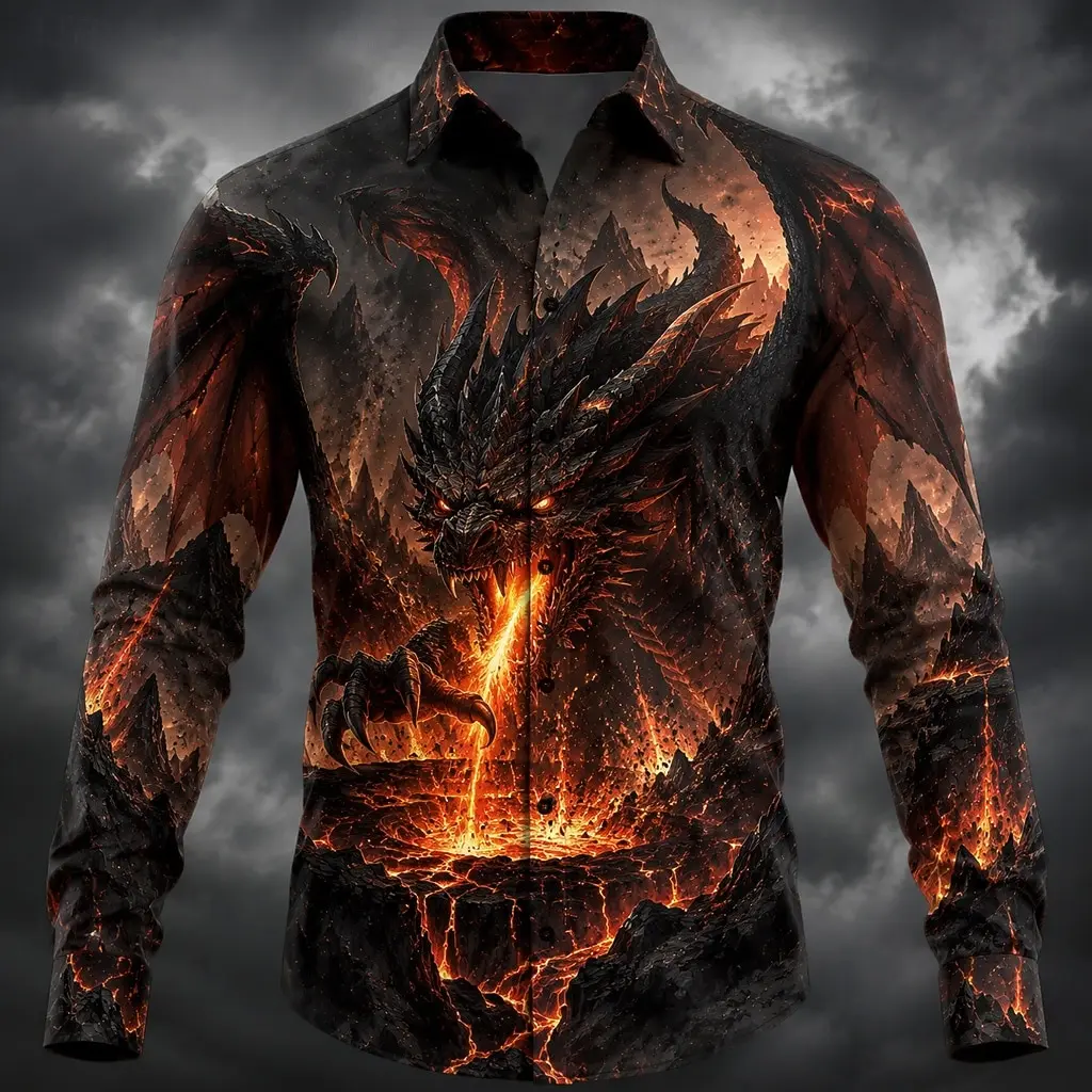Halloween Men's Dragon Casual Shirt Long Sleeve Horror Dark Casual Streetwear Carnival Spring Fall Turndown Button Up