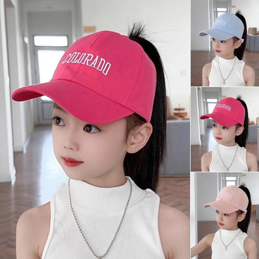 Kids Baseball Caps For Girls Sun Hat Hollow Top Ponytail Caps Letter Print Children Adjustable Peaked Caps Hat for 4-12 Years