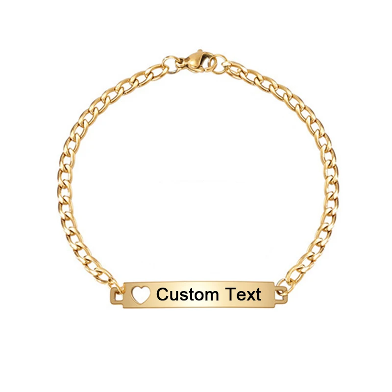 Logotipo personalizado texto gravar nome pulseiras de aço inoxidável para mulheres coração estrela borboleta pulseira de identificação personalizada atacado